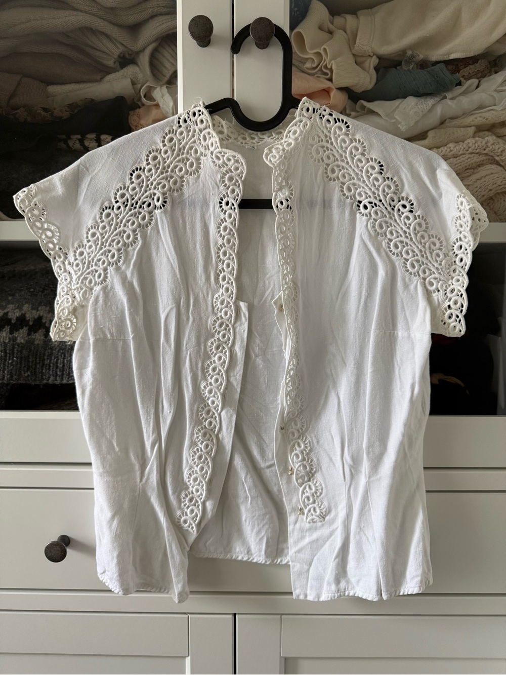 Vintage White Lace-Trim Short Sleeve Women's Top - Picture 2 of 5